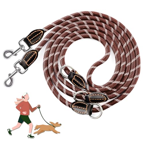 Hundeleine für große und mittelgroße Hunde - Ricihene Verstellbare Doppelleine aus Nylon mit 2 Karabinerhaken und 3 Ringen - 3m x 15mm - Braun von Ricihene
