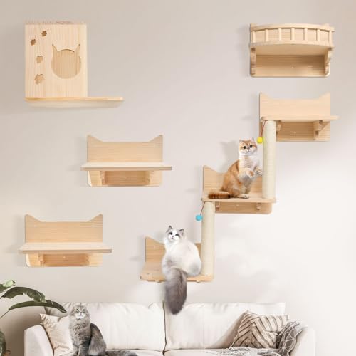 Ricyea Katzen Kletterwand Set, 5-Teiliges Katzen Wandelemente, 3 Stufen Katzentreppe Wand mit 2 Plüschbälle, Stabiler Katzenwand, Katzenliege, Katzenhöhle, Holz Katzenmöbel Set für Katzen Catwalk von Ricyea