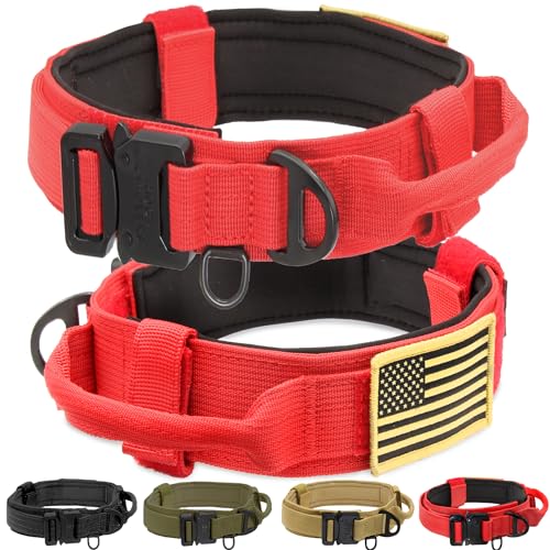 Taktisches Hundehalsband mit Griff, strapazierfähig, dick, aus leichten Metallteilen und ultraweicher Neopren-Polsterung, Militär-Hundehalsband für mittelgroße, große und extra große Rassen, Rot von Ridge Ramblers