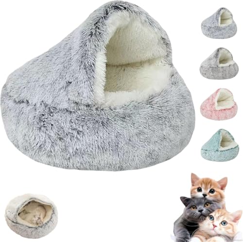 Lapcatz Nest Bed,Lapcatz Nest Bed with Cover,Cat Bed Round Plush Fluffy Hooded Calming Cat Bed Cave,Pursnug Cat Bed,Winter Cozy Pet Bed for Cats Dogs,Removable Washable No Slip Bottom (Grey, 40cm) von Rietoiu