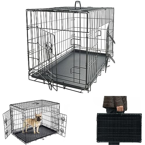 Hundekäfig Klappbar, Drahtkäfig Hundetransportkäfig Transportkäfig Auto mit 2 Türen und Bodenschale, Hundetransportbox Tiertransportbox Hundebox, L 92x57x64cm, Schwarz von Rigogo