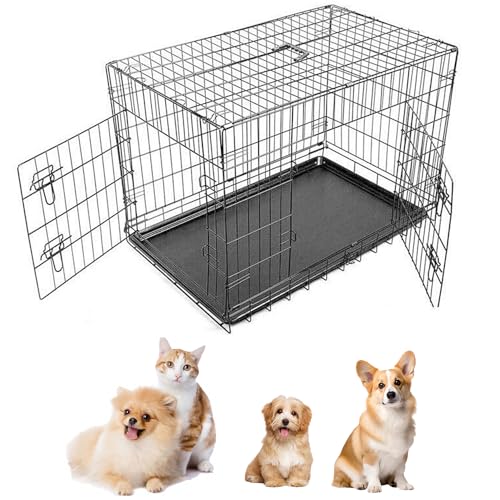 Hundekäfig für Zuhause, Hundetransportkäfig Auto mit 2 Türen und Bodenschale, Haustierkäfig aus Metal, Leicht Welpenkäfig Tiertransportbox Faltbar, Leicht zu transportieren, L 92x57x64cm, Schwarz von Rigogo