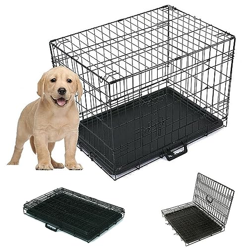 Stahl Hundekäfig Faltbar Hundetransportkäfig mit 2 Türen, Tragegriff und Bodenschale, Flach Falten Welpenkäfig Haustierkäfig Hundebox atuo, M 77x48x55cm von Rigogo