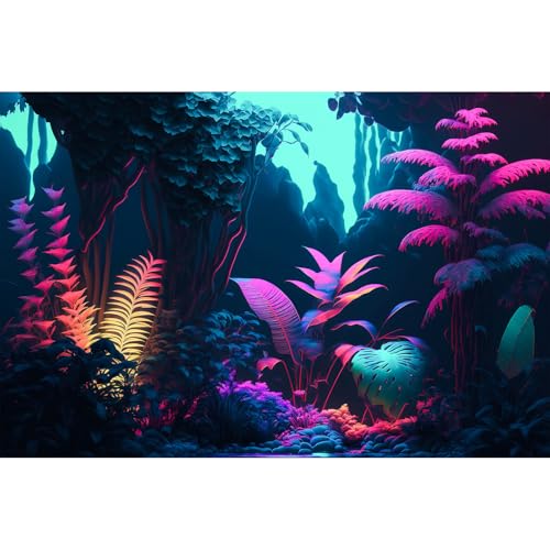 Dschungel-Aquarium-Hintergrund, dichter Dschungel mit Blättern, Blumen in Pastellfarben unter Neonlicht, Terrarienhintergrund, abstrakt, klare Pastellfarben, Dschungel-Thema, Landschaft, von Riivvdise