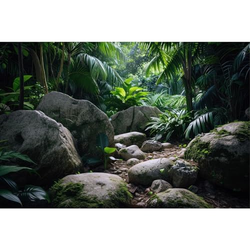 Hintergrund für Reptilien, tropische Pflanzen und Felsen, Terrarium, dichte Vegetation mit großen, breiten Blättern und Farnen, Aquarium-Tapete, Poster, Dekor, Vinyl, 91,4 x 45,7 cm von Riivvdise