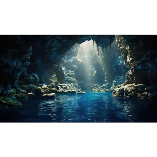 Riivvdise Aquarium-Hintergrund, Unterwasserhöhle mit blauem Wasser und Sonnenstrahlen, Terrarium-Hintergrund, Fantasiefelsen, Moos, Sonnenstrahlen, Aquarium-Hintergrund, Höhle, Landschaft, Aquarium, von Riivvdise