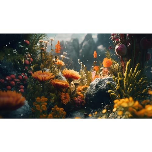 Riivvdise Nebliger Stein-Terrarium-Hintergrund, grüne Seetang-Landschaft, orangefarbener Blumen-Hintergrund, langlebig, Reptilien-Lebensraum, Blumenhintergrund, geheimnisvoller Aquarium-Hintergrund, von Riivvdise