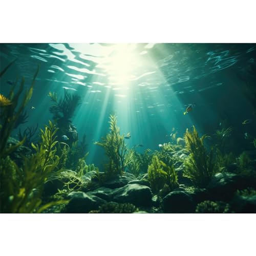 Riivvdise Ozean-Aquarium-Hintergrund, Wasserpflanzen mit Felsen, Terrarium-Hintergrund, Sonnenlichtstrahlen, Tiefsee-Aquarium-Hintergrund, Aquarium-Tapete, Poster, Dekoration, Vinyl, 183 x 45 cm von Riivvdise