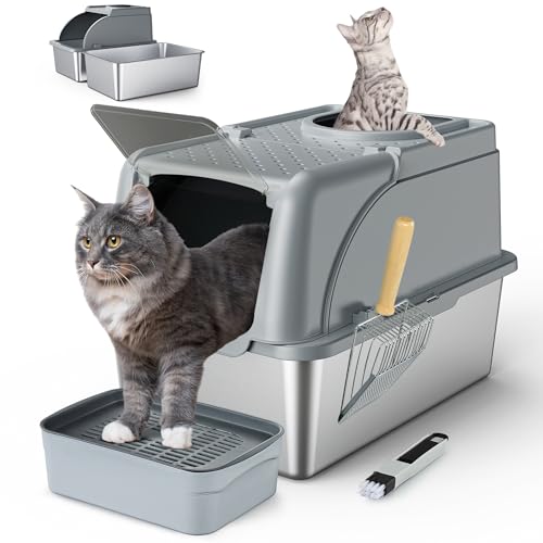 Rilvva Katzentoilette aus Edelstahl, Doppeleingang, XXL, große Katzentoilette für Katzen, überdachte Metall-Kitty-Katzentoilette mit Klapptür, 42,2 cm hohe Wand und Streuschaufel von Rilvva