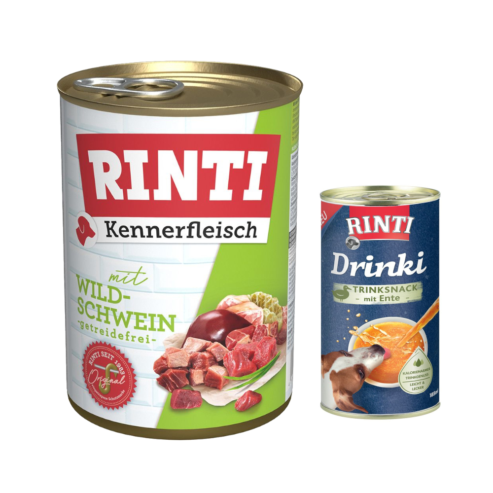 6 x 400 g RINTI Kennerfleisch + 185 ml Drinki mit Ente gratis! - Wildschwein von Rinti