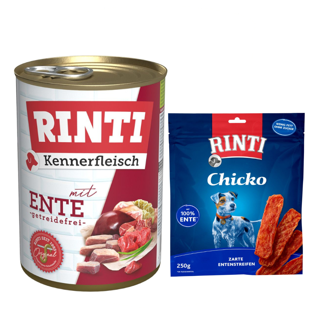 Kombi-Paket RINTI Kennerfleisch + RINTI Chicko Hundesnacks - Kennerfleisch Ente 12 x 400 g + Chicko Ente 2 x 250 g von Rinti