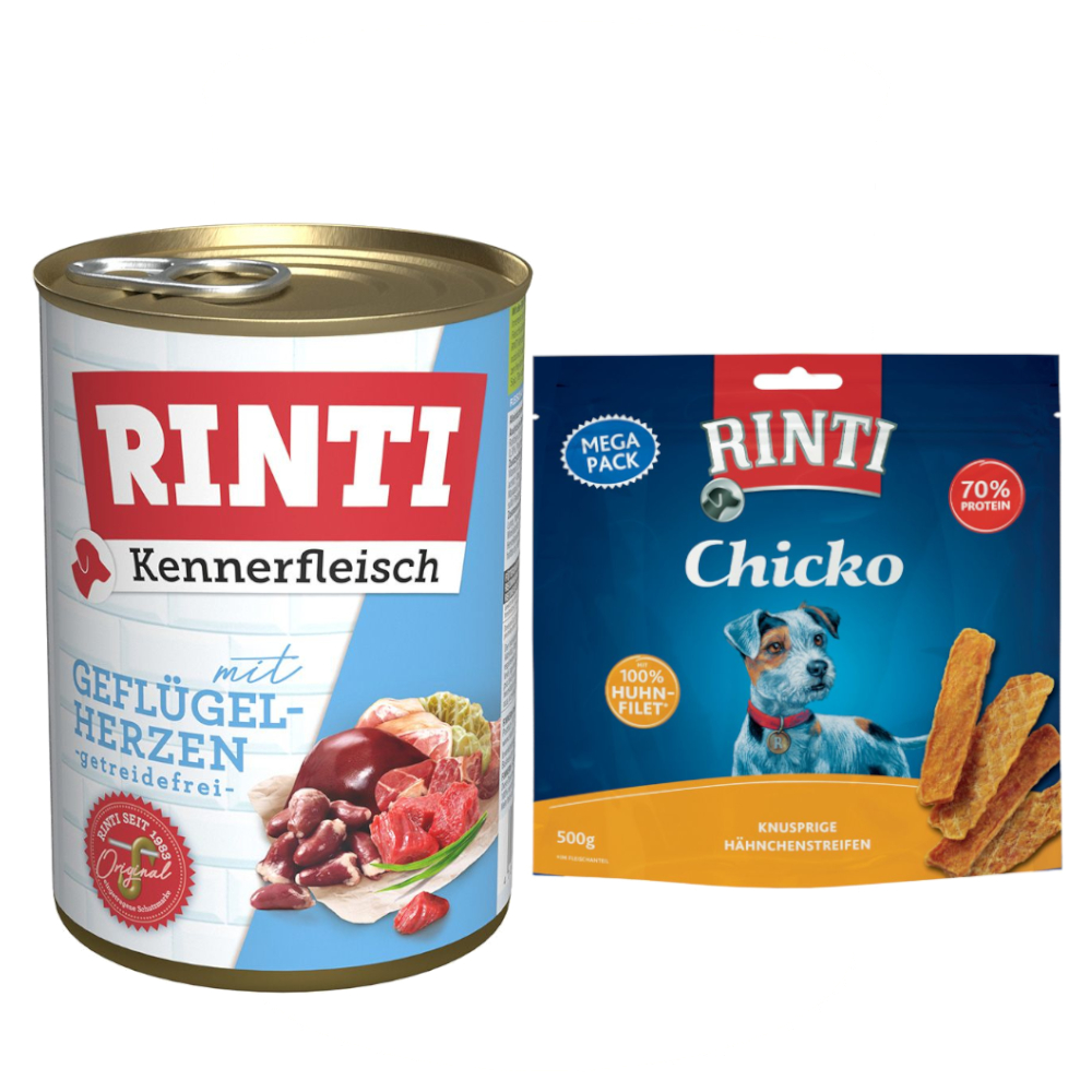 Kombi-Paket RINTI Kennerfleisch + RINTI Chicko Hundesnacks - Kennerfleisch Geflügelherzen 12 x 400 g + Chicko Huhn 2 x 500 g von Rinti