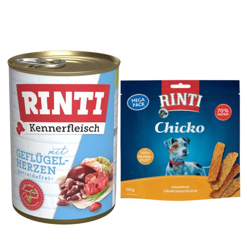 Kombi-Paket RINTI Kennerfleisch + RINTI Chicko Hundesnacks - Kennerfleisch Geflügelherzen 12 x 400 g + Chicko Huhn 2 x 500 g von Rinti