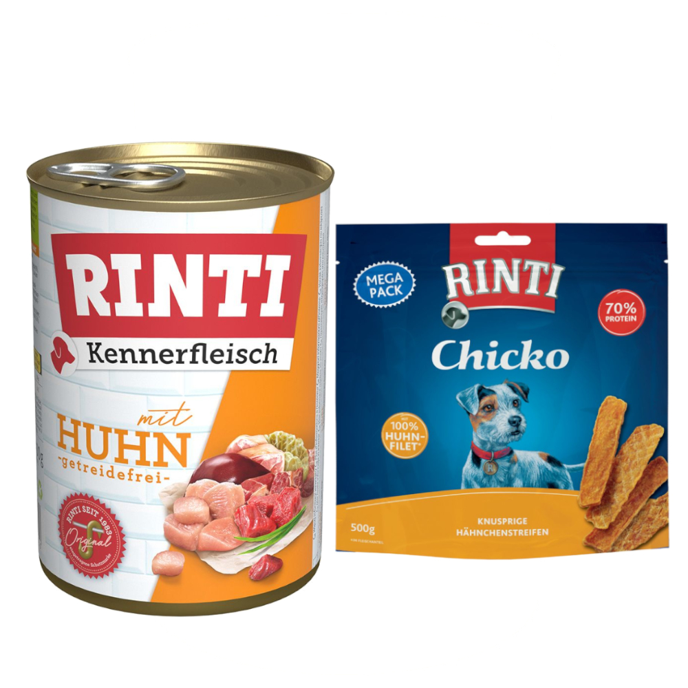 Kombi-Paket RINTI Kennerfleisch + RINTI Chicko Hundesnacks - Kennerfleisch Huhn 12 x 400 g + Chicko Huhn 2 x 500 g von Rinti