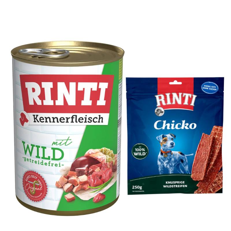 Kombi-Paket RINTI Kennerfleisch + RINTI Chicko Hundesnacks - Kennerfleisch Wild 12 x 400 g + Chicko Wild 2 x 250 g von Rinti