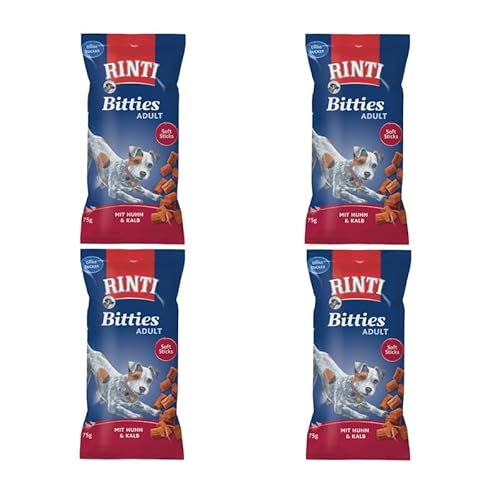 RINTI Bitties Adult Huhn & Kalb | 4er Pack | 4 x 75 g | Ergänzungsfuttermittel für ausgewachsene Hunde | Weiche Stückchen mit viel frischem Fleisch zubereitet | mit Omega 3 und ohne Zucker von Rinti