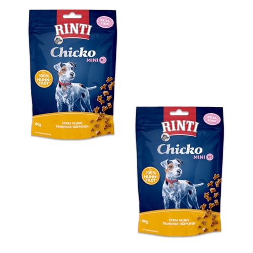 RINTI Extra Chicko Mini XS mit Huhn | Doppelpack | 2 x 80 g | Ergänzungsfuttermittel für kleine Hunde | Extra kleine Trainings-Häppchen | Schonend luftgetrocknet | Ohne Soja von Rinti