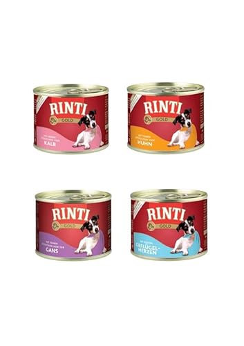 RINTI Gold | Hunde Nassfutter | 8x185g | Mixpaket 2x Gans, 2x Kalb, 2x Huhn, 2x Geflügelherzen | ohne Getreide von Rinti