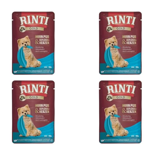 RINTI Gold Mini Huhn Pur & Geflügelherzen | 4er Pack | 4 x 10 x 100 g | Alleinfuttermittel für ausgewachsene kleine Hunde | Ausschließlich Huhn für empfindliche Hunde von Rinti