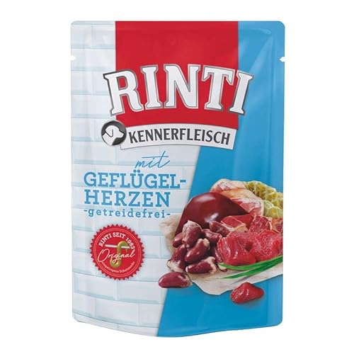 RINTI Kennerfleisch Geflügelherzen | 10 x 400 g | Alleinfutter für ausgewachsene Hunde im Frischebeutel | Getreidefreies Futter mit hohem Fleischanteil | Zur Regulierung der Verdauung von Rinti