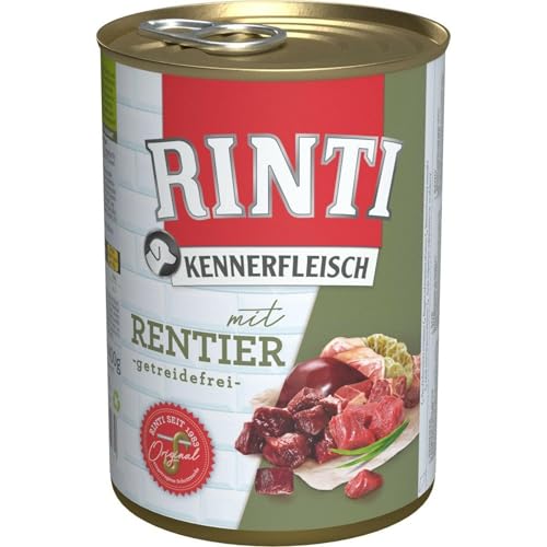 RINTI - Kennerfleisch | Nassfutter mit 70% Fleisch für ausgewachsene Hunde. Getreidefreies Alleinfutter in der Dose ohne Soja, Farb- und Konservierungsstoffe | 12x400g Rentier von Rinti