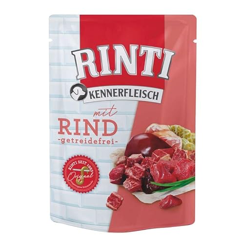 RINTI Kennerfleisch Rind | 10 x 400 g | Alleinfutter für ausgewachsene Hunde im Frischebeutel | Getreidefreies Futter mit hohem Fleischanteil | Zur Regulierung der Verdauung von Rinti
