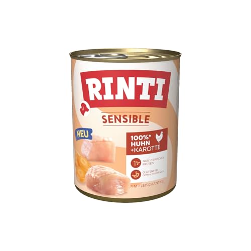 RINTI - Sensible | Nassfutter für Sensible, ausgewachsene Hunde mit natürlichen Fleischstücken. Getreidefreies Alleinfutter in der Dose ohne künstliche Zusätze | 6x800g Huhn + Karotte von Rinti