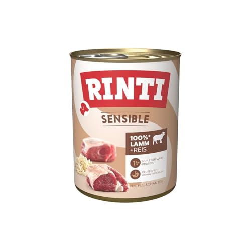 RINTI - Sensible | Nassfutter für Sensible, ausgewachsene Hunde mit natürlichen Fleischstücken. Getreidefreies Alleinfutter in der Dose ohne künstliche Zusätze | 6x800g Lamm + Reis von Rinti