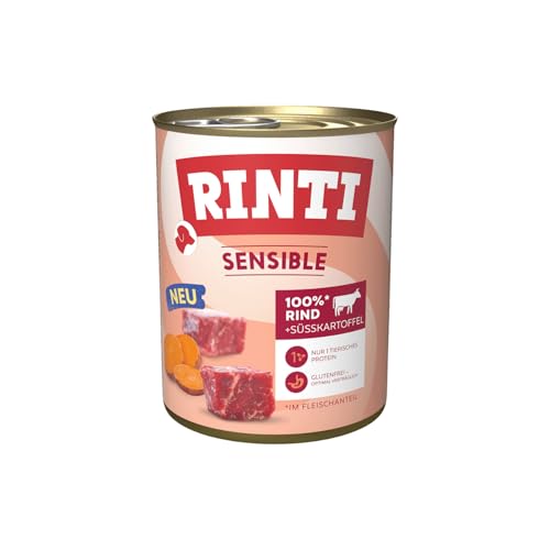 RINTI - Sensible | Nassfutter für Sensible, ausgewachsene Hunde mit natürlichen Fleischstücken. Getreidefreies Alleinfutter in der Dose ohne künstliche Zusätze | 6x800g Rind + Süßkartoffel von Rinti