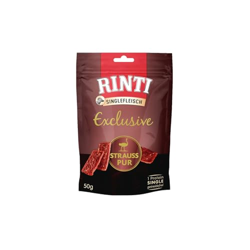 RINTI - Singlefleisch Exclusive | Leicht verdauliche Snacks aus exklusiver Fleischart für Sensible, ausgewachsene Hunde. Getreide- und zuckerfreie Hundesnacks im Frischebeutel | 12x50g Strauß Pur von Rinti