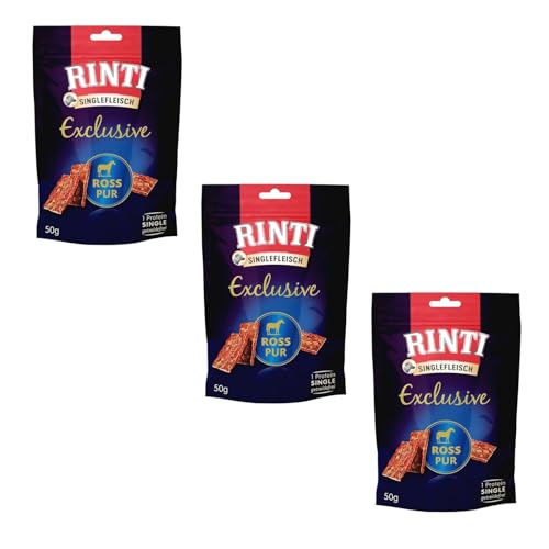 Rinti Singlefleisch Exclusive Snack Ross Pur | 3er Pack | 3 x 50 g | Ergänzungsfuttermittel für ausgewachsene Hunde | Ausschließlich Ross für empfindliche Hunde bei Allergien | Als Belohnung von Rinti