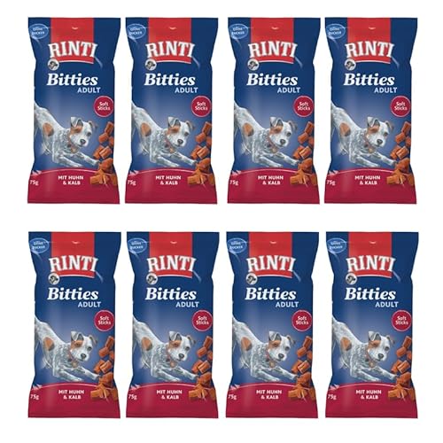 Rinti Bitties Adult Huhn & Kalb | 8er Pack | 8 x 75 g | Ergänzungsfuttermittel für ausgewachsene Hunde | Weiche Stückchen mit viel frischem Fleisch zubereitet | mit Omega 3 und ohne Zucker von Rinti