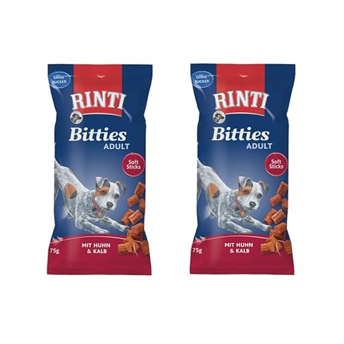 Rinti Bitties Adult Huhn & Kalb | Doppelpack | 2 x 75 g | Ergänzungsfuttermittel für ausgewachsene Hunde | Weiche Stückchen mit viel frischem Fleisch zubereitet | mit Omega 3 und ohne Zucker von Rinti