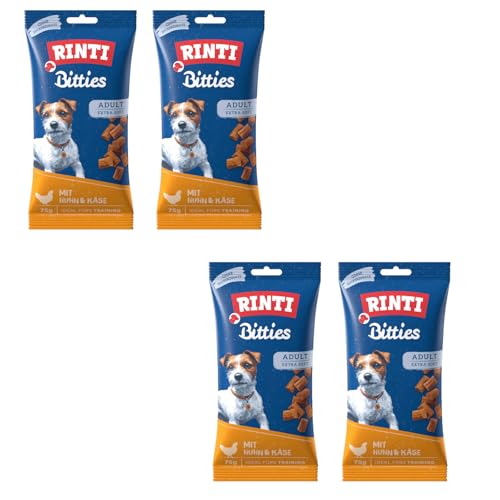 Rinti Bitties Huhn + Käse | 4er Pack | 4 x 75 g | Snack für ausgewachsene Hunde | Extra weich | Ohne Zucker & Soja | Mit wertvollem Omega 3 | Viel frisches Fleisch von Rinti