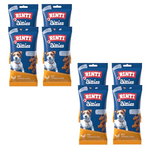 Rinti Bitties Huhn + Käse | 8er Pack | 8 x 75 g | Snack für ausgewachsene Hunde | Extra weich | Ohne Zucker & Soja | Mit wertvollem Omega 3 | Viel frisches Fleisch von Rinti