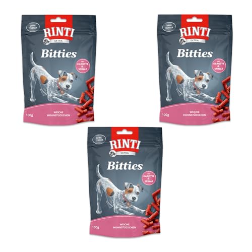 Rinti Bitties Huhn mit Karotte & Spinat | 3er Pack | 3 x 100 g | Softe Fleisch-Snacks für ausgewachsene Hunde | Schonend luftgetrocknet und ohne Fleischmehle & Soja von Rinti