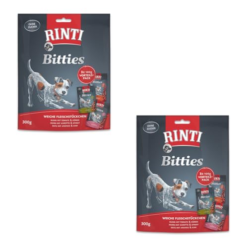 Rinti Bitties Multipack Sortenvielfalt | Doppelpack | 2 x 3 x 100 g | Softe Fleisch-Snacks für Hunde | Schonend luftgetrocknet und ohne Fleischmehle & Soja | 3 Sorten von Rinti