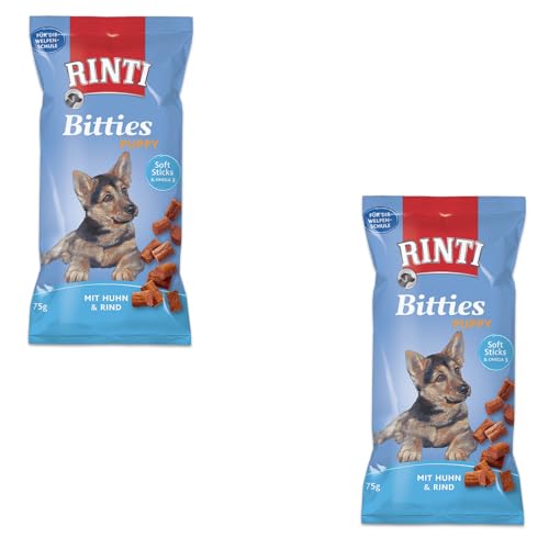 Rinti Bitties Puppy - Huhn & Rind | Doppelpack | 2 x 75 g | Ergänzungsfuttermittel für heranwachsende Hunde | Mit Omega 3 für die Gehirnentwicklung | Ohne Zucker & Soja von Rinti