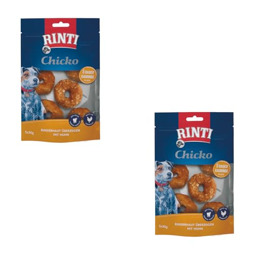 Rinti Chicko Kauringe klein | Doppelpack | 2 x 150 g | Aus bissfester Rinderhaut mit Hühnerfleisch überzogen | Putzkörperchen auf Mineralstoffbasis | Wiederverschließbar von Rinti