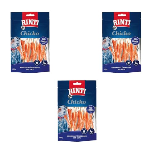 Rinti Chicko Kaustangen klein | 3er Pack | 3 x 150 g | Aus bissfester Rinderhaut mit Entenfleisch überzogen | Putzkörperchen auf Mineralstoffbasis | Wiederverschließbar von Rinti