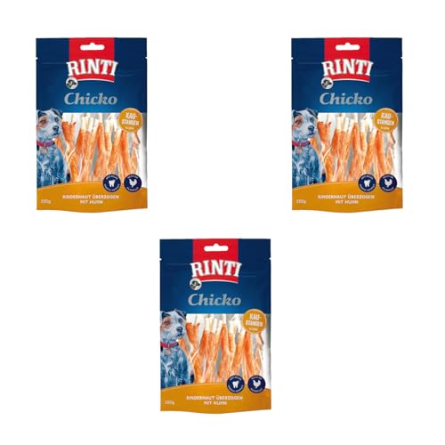 Rinti Chicko Kaustangen klein | 3er Pack | 3 x 150 g | Aus bissfester Rinderhaut mit Hühnerfleisch überzogen | Putzkörperchen auf Mineralstoffbasis | Wiederverschließbar von Rinti