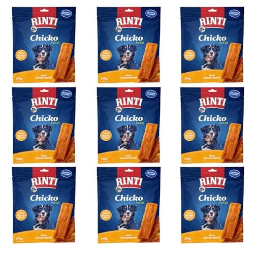 Rinti Chicko Maxi Hühner Streifen | 9er Pack | 9 x 250 g | Leckerli für große Hunde | Aus frischen Hühnerbrustfilet zubereitet | Schonend luftgetrocknet ohne Zusatzstoffe von Rinti