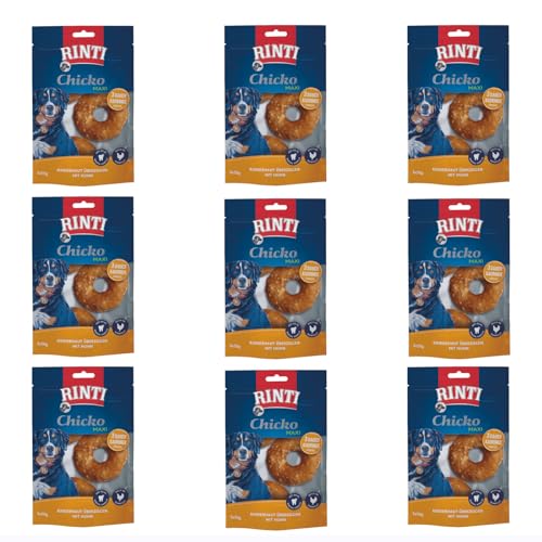 Rinti Chicko Maxi Kauringe | 9er Pack | 9 x 150 g | Aus bissfester Rinderhaut mit Hühnerfleisch überzogen | Putzkörperchen auf Mineralstoffbasis | Wiederverschließbar von Rinti