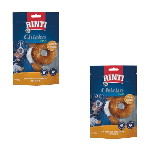 Rinti Chicko Maxi Kauringe | Doppelpack | 2 x 150 g | Aus bissfester Rinderhaut mit Hühnerfleisch überzogen | Putzkörperchen auf Mineralstoffbasis | Wiederverschließbar von Rinti