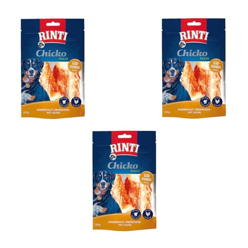 Rinti Chicko Maxi Kaustangen Huhn | 3er Pack | 3 x 150 g | Aus bissfester Rinderhaut mit Hühnerfleisch überzogen | Putzkörperchen auf Mineralstoffbasis | Wiederverschließbar von Rinti