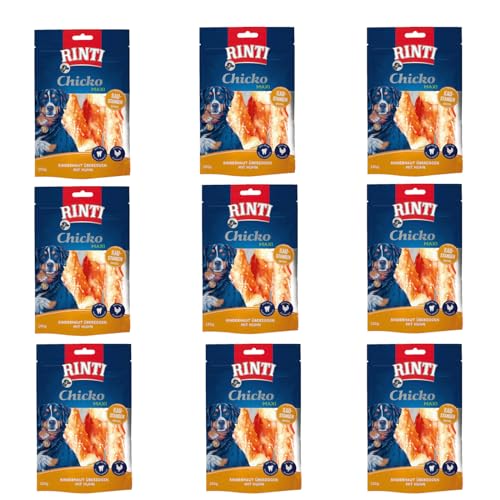 Rinti Chicko Maxi Kaustangen Huhn | 9er Pack | 9 x 150 g | Aus bissfester Rinderhaut mit Hühnerfleisch überzogen | Putzkörperchen auf Mineralstoffbasis | Wiederverschließbar von Rinti