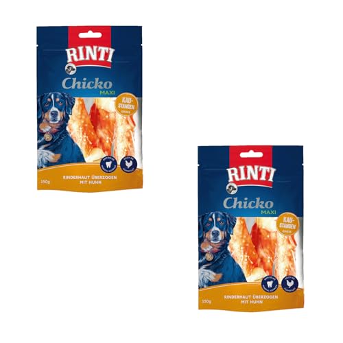 Rinti Chicko Maxi Kaustangen Huhn | Doppelpack | 2 x 150 g | Aus bissfester Rinderhaut mit Hühnerfleisch überzogen | Putzkörperchen auf Mineralstoffbasis | Wiederverschließbar von Rinti