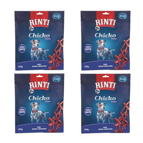 Rinti Chicko Mini Ente | 4er Pack | 4 x 225 g | Ergänzungsfuttermittel für kleine ausgewachsene Hunde | Leicht bekömmlich und gut verdaulich | Zarte Enten Häppchen | Ohne Soja von Rinti