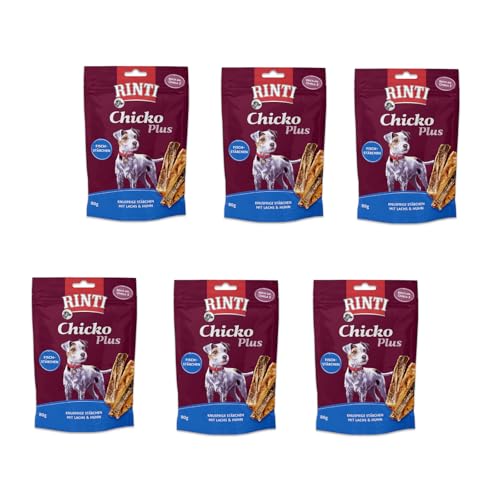 Rinti Chicko Plus Fischstäbchen mit Lachs und Huhn | 6er Pack | 6 x 80 g | Ergänzungsfuttermittel für ausgewachsene Hunde | Ohne Fleischmehle und Soja | Schonend luftgetrocknet von Rinti