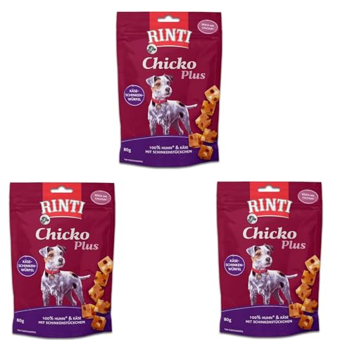 Rinti Chicko Plus Käse-Schinken-Würfel | 3er Pack | 3 x 80 g | Leckerli für Hunde | Hühnerbrustfilet mit herzhaften Käsestückchen + Schinken | Schonend luftgetrocknet von Rinti